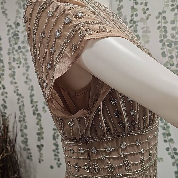 Mac Duggal Beaded Chiffon Short Sleeve Boat Neck Sheath Midi Dress Sz 6 - Picture 9 of 12